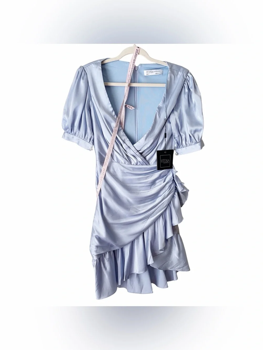 Ieena for Mac Duggal | Short Puff Sleeve Faux Wrap Mini Dress Powder Blue Size 0